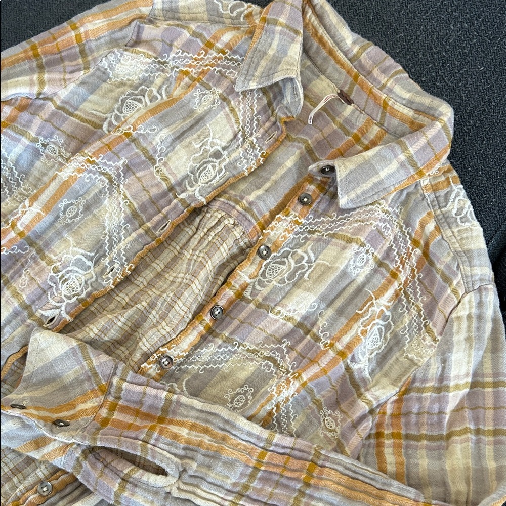 Free People Beige & Lavender Plaid Embroidered Button-Down flannel Shirt